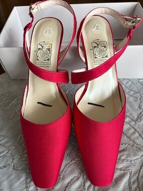 Red Satin Ankle-Strap Pumps